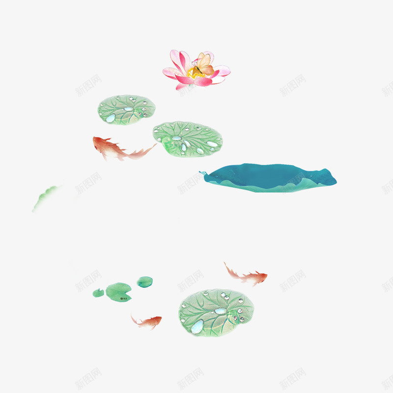 卡通荷花小鱼png免抠素材_新图网 https://ixintu.com 卡通 小鱼 池塘 荷花 金鱼