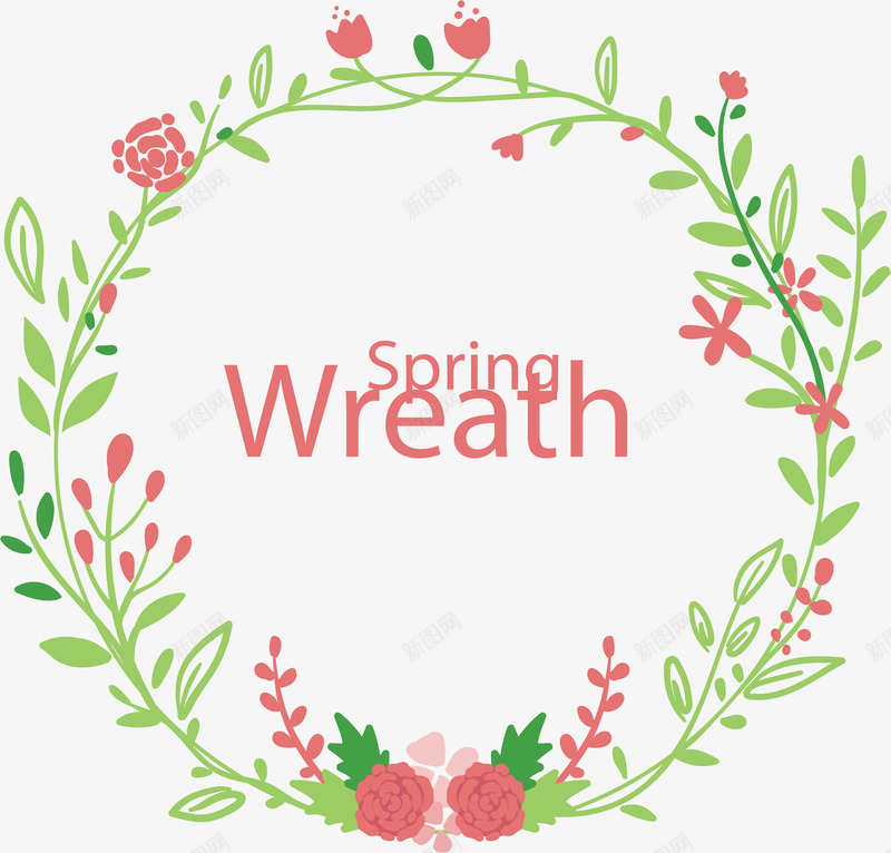 手绘青草花环png免抠素材_新图网 https://ixintu.com 婚礼装饰 春花 春草 粉色花朵 绿色青草 花环