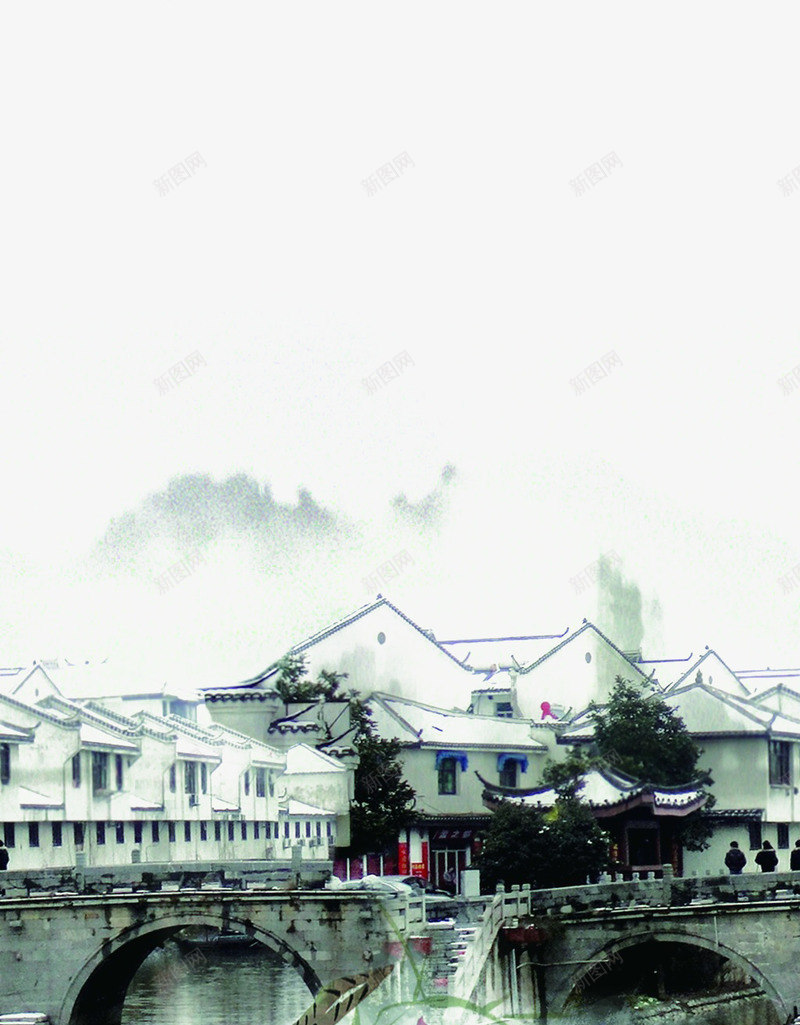 水墨风江南水乡png免抠素材_新图网 https://ixintu.com 中国风 小桥 房子 朦胧 水墨 江南水乡素材背 荷花