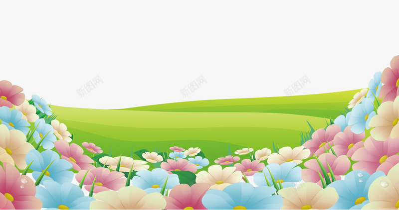 卡通鲜花与草地psd免抠素材_新图网 https://ixintu.com 卡通背景 卡通鲜花 花 花丛 草地