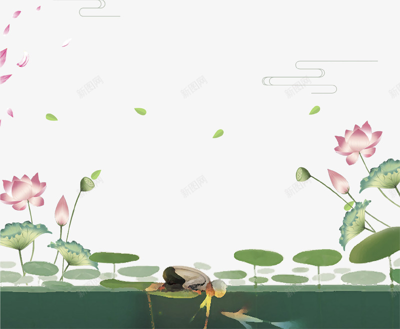 清新文艺荷花池塘插画psd免抠素材_新图网 https://ixintu.com 唯美 夏季 文艺 树叶 池塘 清新 荷花荷叶满池塘 花瓣 荷叶 荷花 鱼儿