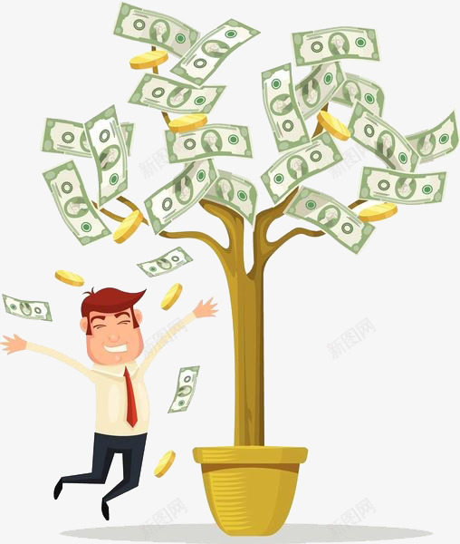手绘金钱树png免抠素材_新图网 https://ixintu.com 卡通人物数钱 卡通手绘 富有 愉悦 装饰 金钱树盆栽 钱币