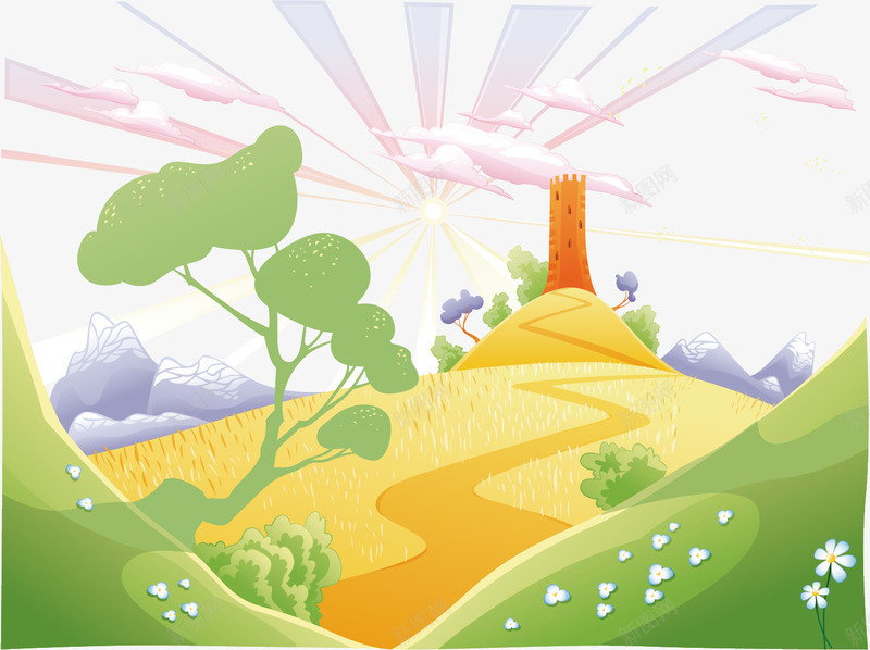 卡通草原矢量图ai免抠素材_新图网 https://ixintu.com PNG图 PNG图下载 农场 创意卡通 卡通 卡通插图 插图 绿地 草原 鲜花 矢量图