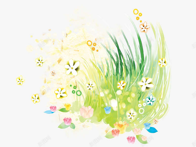 手绘唯美鲜花小草png免抠素材_新图网 https://ixintu.com 创意插画 唯美 小花 小草 手绘鲜花 插画 水彩 绿色 蓝色 黄色