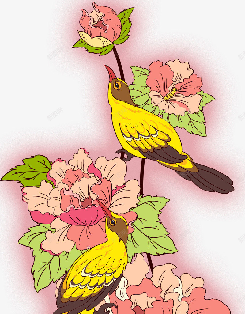 手绘装饰花鸟插画psd免抠素材_新图网 https://ixintu.com 中国风 卡通手绘 手绘插画 花鸟 装饰图案 鲜花