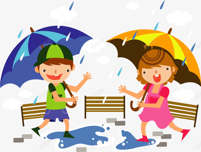 雨中打伞的卡通儿童矢量图eps免抠素材_新图网 https://ixintu.com 下雨 人物插画 卡通人物 卡通插画 打伞 插画 矢量人物 矢量图