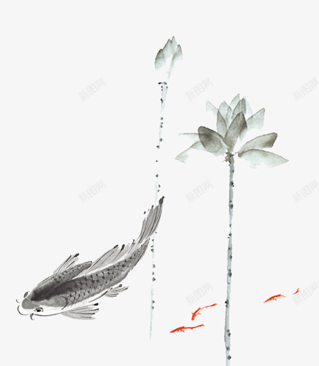 水墨鲤鱼psd免抠素材_新图网 https://ixintu.com 水墨画 荷花 鲤鱼