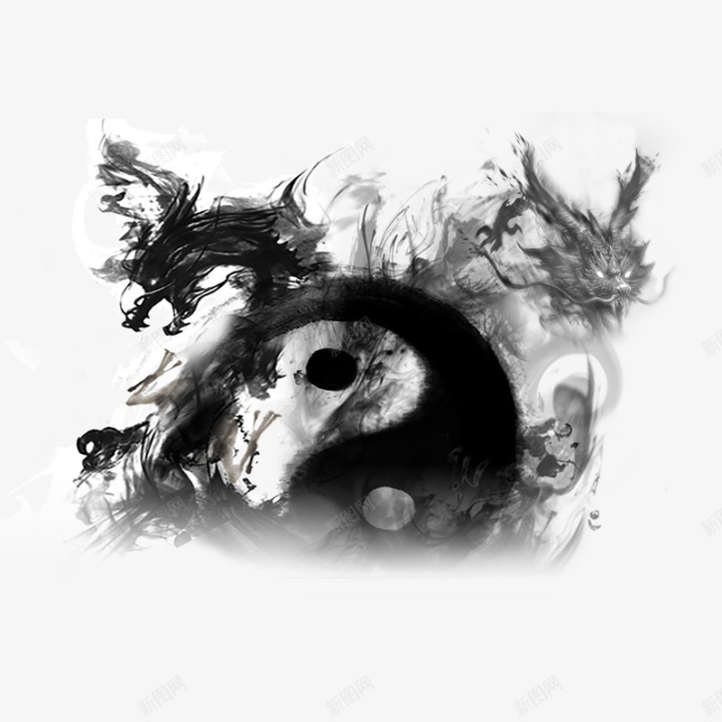 黑白水墨太极png免抠素材_新图网 https://ixintu.com 太极 太极水墨画 水墨 装饰 设计 黑白