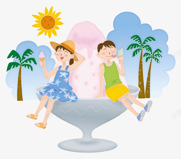 夏日刨冰png免抠素材_新图网 https://ixintu.com 云朵 刨冰 太阳 女孩 椰子树 男孩