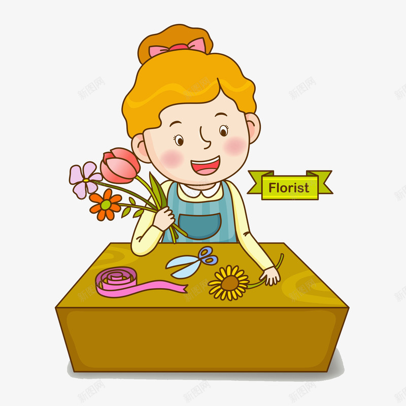 插花女孩png免抠素材_新图网 https://ixintu.com 卡通 女孩 微笑 手绘 插花 水彩 花朵 鲜花