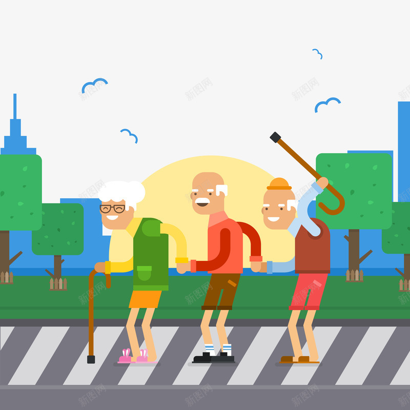 老人矢量图ai免抠素材_新图网 https://ixintu.com 健康老人 扁平 拐杖 绿色 过马路 矢量图