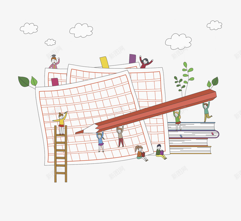 红色方格纸png免抠素材_新图网 https://ixintu.com 书本 云朵 人物 卡通 手绘 方格纸 木梯子 根茎 绿叶 铅笔