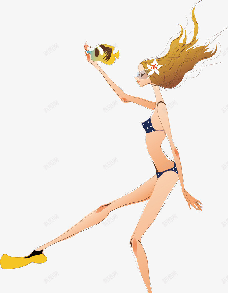 卡通美女png免抠素材_新图网 https://ixintu.com 卡通美女 比基尼 长头发 长腿 面具 鲜花