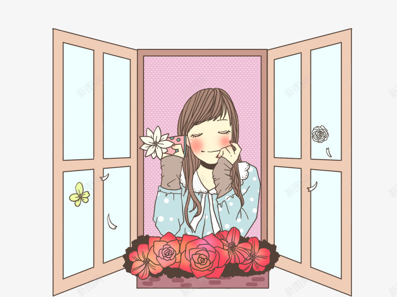 窗户上的女孩png免抠素材_新图网 https://ixintu.com 卡通人物 卡通女孩 卡通小孩 卡通窗户 卡通鲜花 玻璃