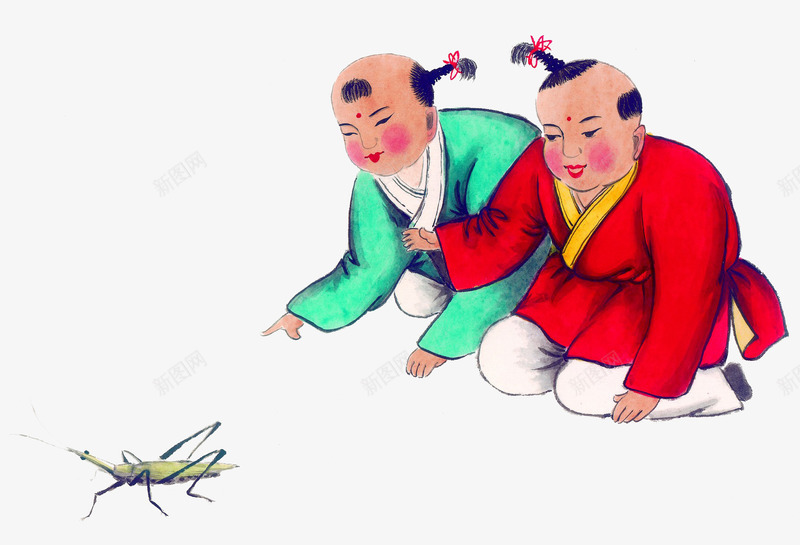 抓蛐蛐的小孩png免抠素材_新图网 https://ixintu.com 儿童 卡通 古代 手绘 棕色 红色 黑色