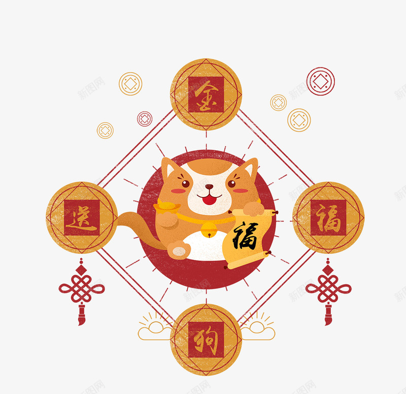 卡通狗年金狗送福png免抠素材_新图网 https://ixintu.com 中国结装饰 卡通 狗年 福字 金狗送福 钱币