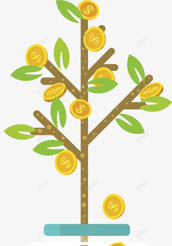 棕色金钱树矢量图ai免抠素材_新图网 https://ixintu.com 创意 棕色 绿色 金色 金钱树 钱币 矢量图