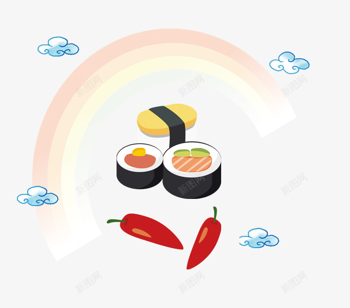 卡通食物寿司辣椒png免抠素材_新图网 https://ixintu.com 卡通云彩 卡通寿司 卡通彩虹 卡通辣椒 红色 蓝色 黄色 黑色