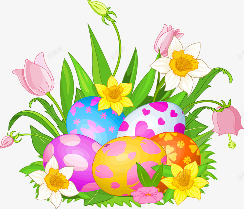 卡通鲜花png免抠素材_新图网 https://ixintu.com 卡通 彩色 草丛 鲜花 鸟蛋