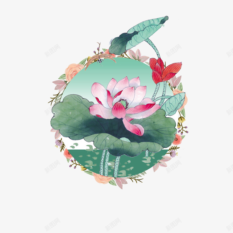 创意中国风手绘插画psd免抠素材_新图网 https://ixintu.com 中国风 创意 处暑 手绘 插画设计 海报装饰 荷花