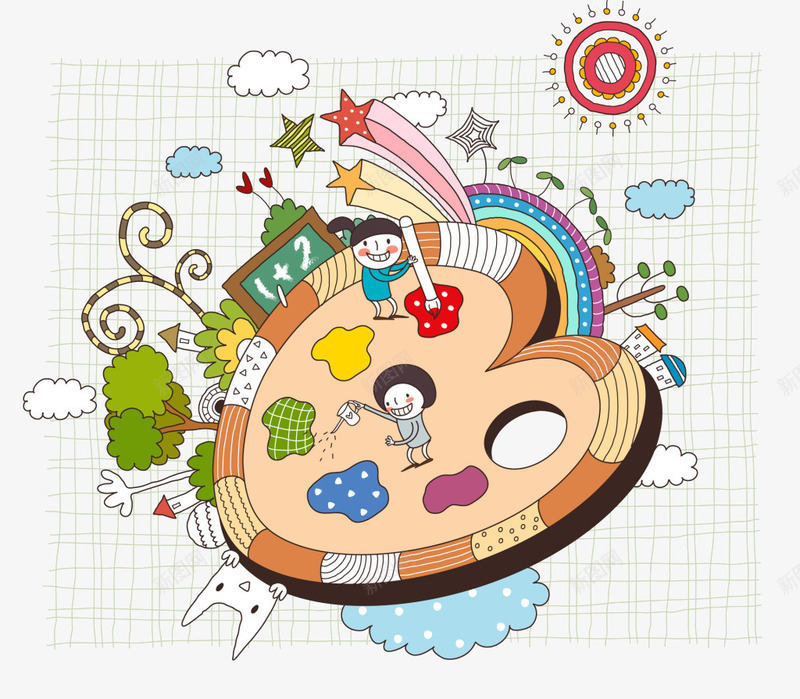 卡通创意调色板psd免抠素材_新图网 https://ixintu.com 云朵 卡通 太阳 彩色 星星 树木 格子 纹路 黑板