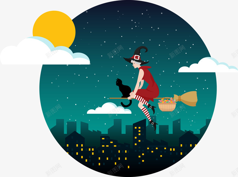 夜晚骑扫把飞行png免抠素材_新图网 https://ixintu.com 卡通 城市 夜晚 夜空 彩绘 扫把 星星 白云