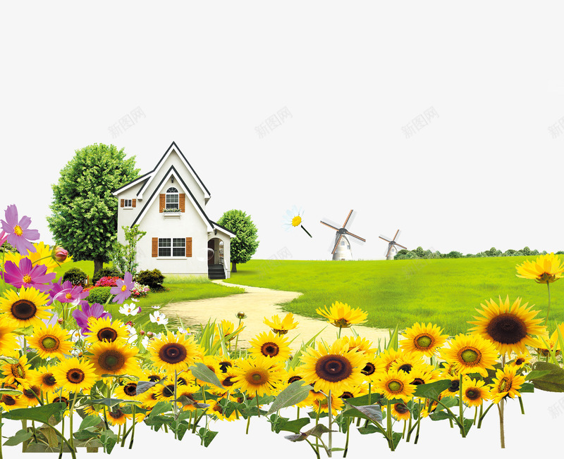郊外别墅鲜花绿地psd免抠素材_新图网 https://ixintu.com 免费png素材 别墅 绿地 葵花 郊外 风车