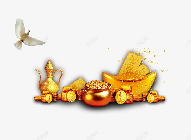 金融png免抠素材_新图网 https://ixintu.com 元宝 和平鸽 宝袋 金壶 金币 钱币