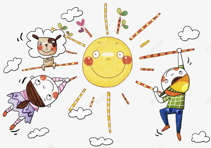 夏天炎热的天气照着小孩png免抠素材_新图网 https://ixintu.com 云彩 卡通 太阳 太阳的光芒 小孩子 小狗 手绘 炎热 花朵 风雨气温图