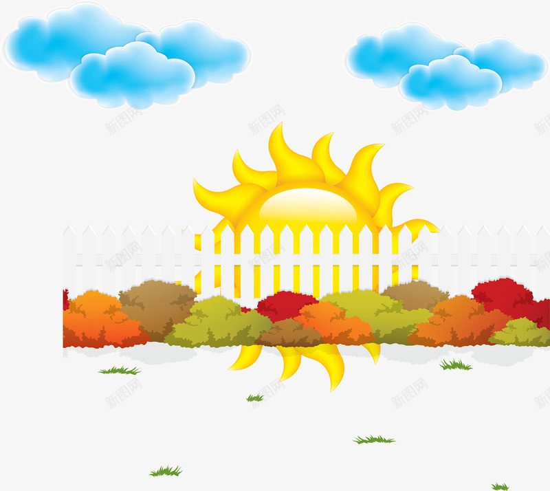 夏日背景装饰矢量图ai免抠素材_新图网 https://ixintu.com 夏日 背景装饰矢量图 花卉 草地 蓝色云朵 阳光 矢量图