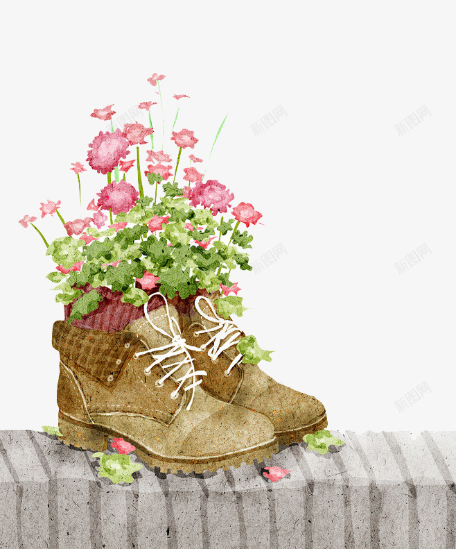 鞋子png免抠素材_新图网 https://ixintu.com 卡通 台阶 手绘 植物 花 靴子 鞋子 鲜花