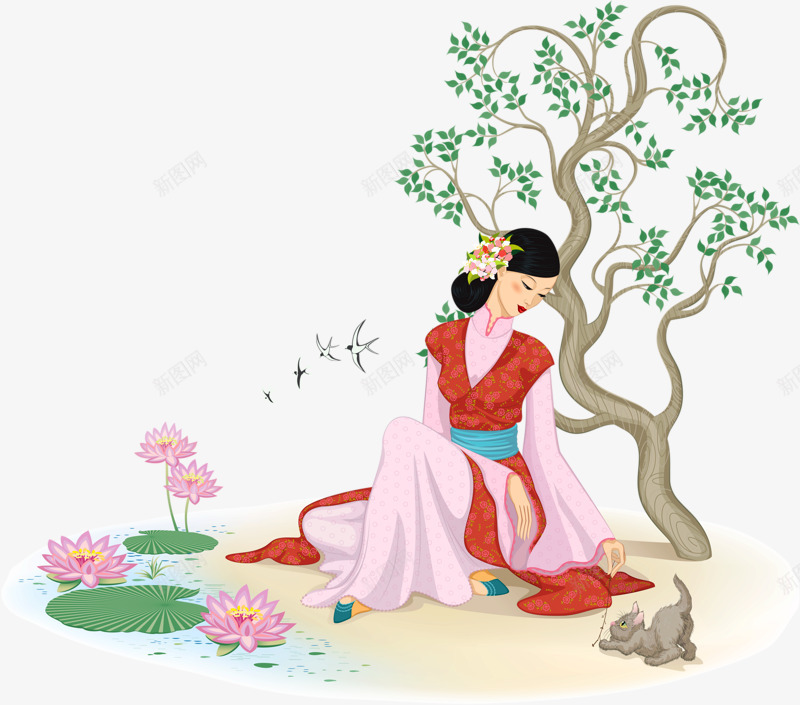 河边西施png免抠素材_新图网 https://ixintu.com 四大美女 坐地上的女人 漂亮姑娘 美丽女人 荷花
