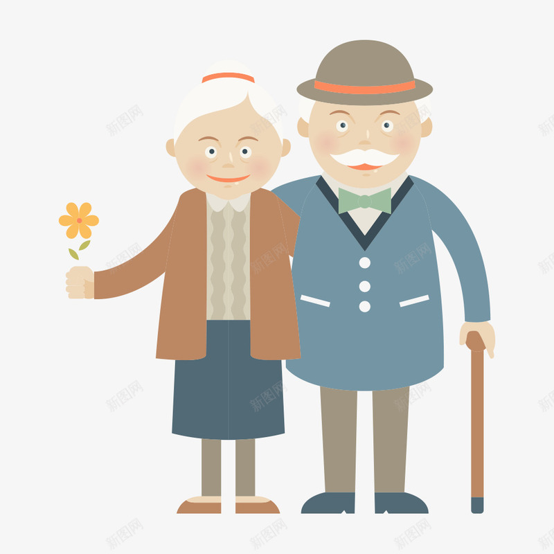 手绘老太太合影插画矢量图ai免抠素材_新图网 https://ixintu.com 金婚纪念 卡通老太太 合影 微笑 拐杖 白头偕老 矢量图 老伯 老伯伯 老太太 金婚纪念 鲜花