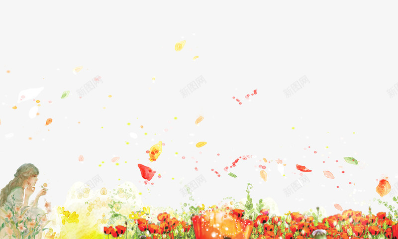 手绘鲜花花丛psd免抠素材_新图网 https://ixintu.com 卡通人物 女孩 手绘鲜花边框 红色 绿色 花丛 花瓣 黄色