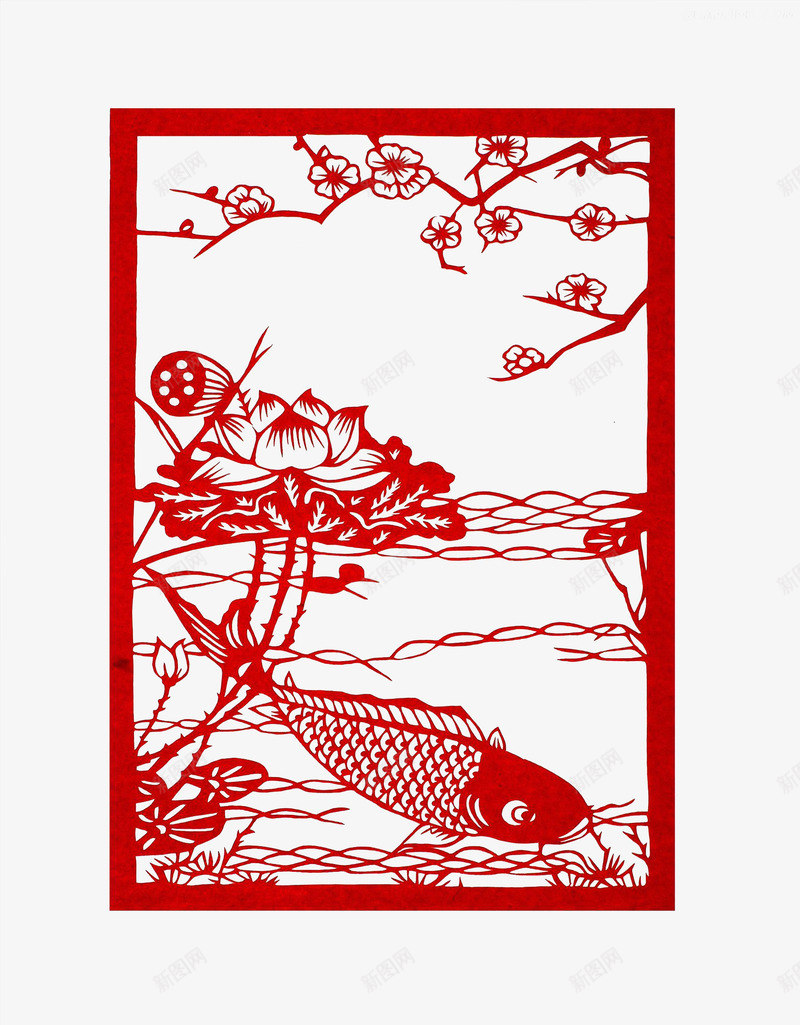 鲤鱼荷花梅花剪纸png免抠素材_新图网 https://ixintu.com 中国传统 中国风 剪纸 红色