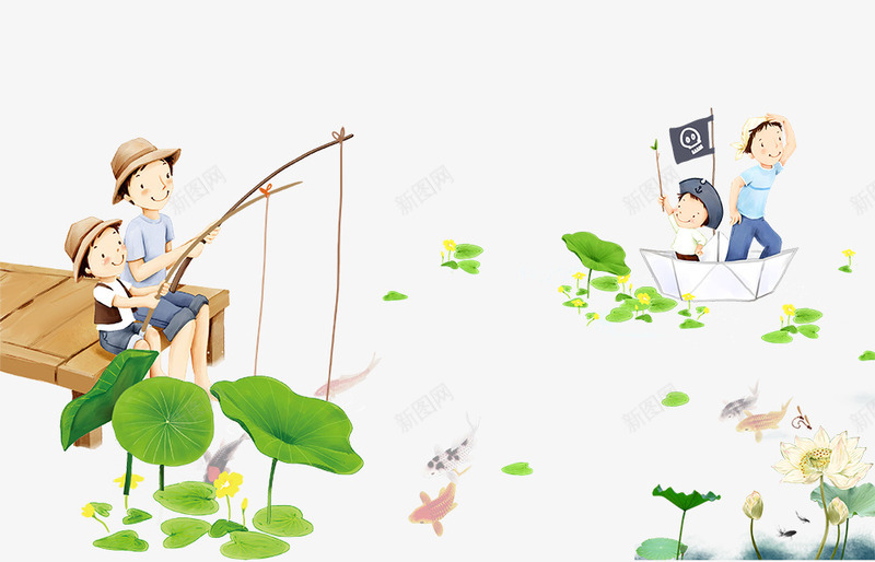 卡通手绘钓鱼的父子psd免抠素材_新图网 https://ixintu.com 卡通 手绘 船上的人物 荷叶装饰 荷花 钓鱼的父子