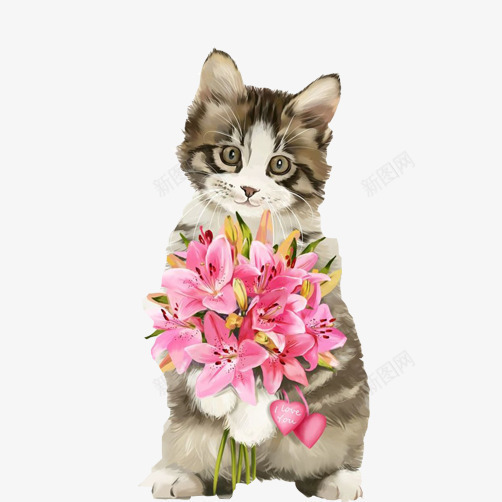 小猫手捧鲜花求爱图psd免抠素材_新图网 https://ixintu.com 情人节 手绘彩色 捧鲜花 求爱 猫咪
