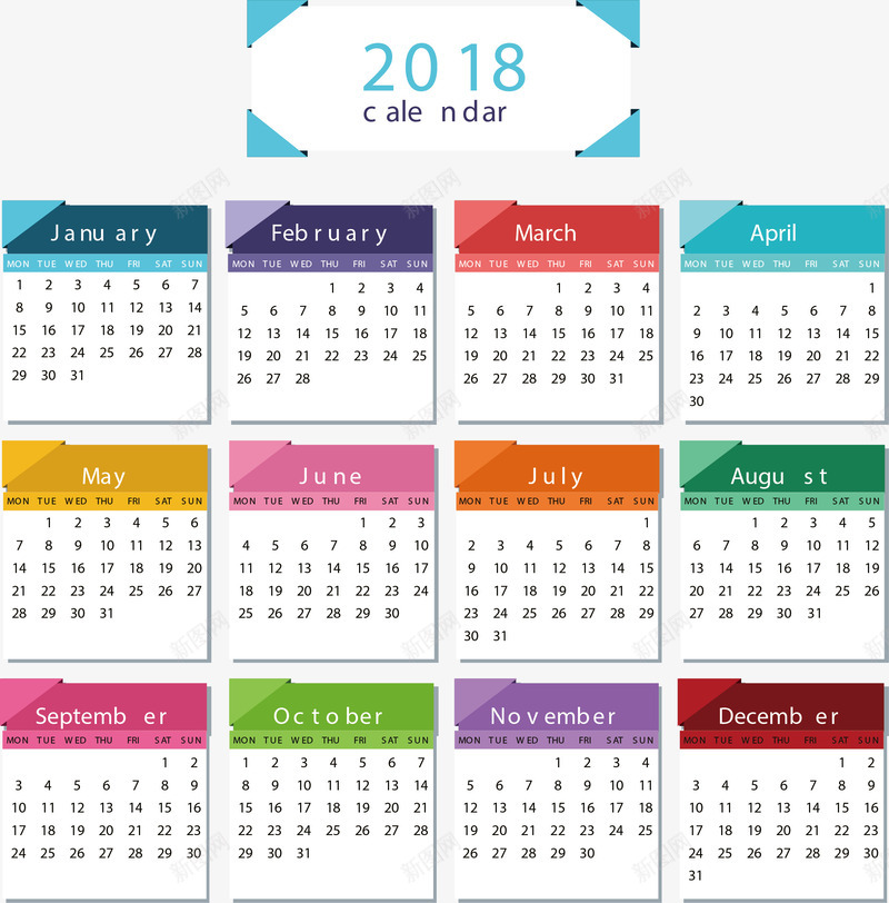彩色标题2018日历矢量图ai免抠素材_新图网 https://ixintu.com 2018日历 彩色日历 彩色标题 日历 矢量png 矢量图