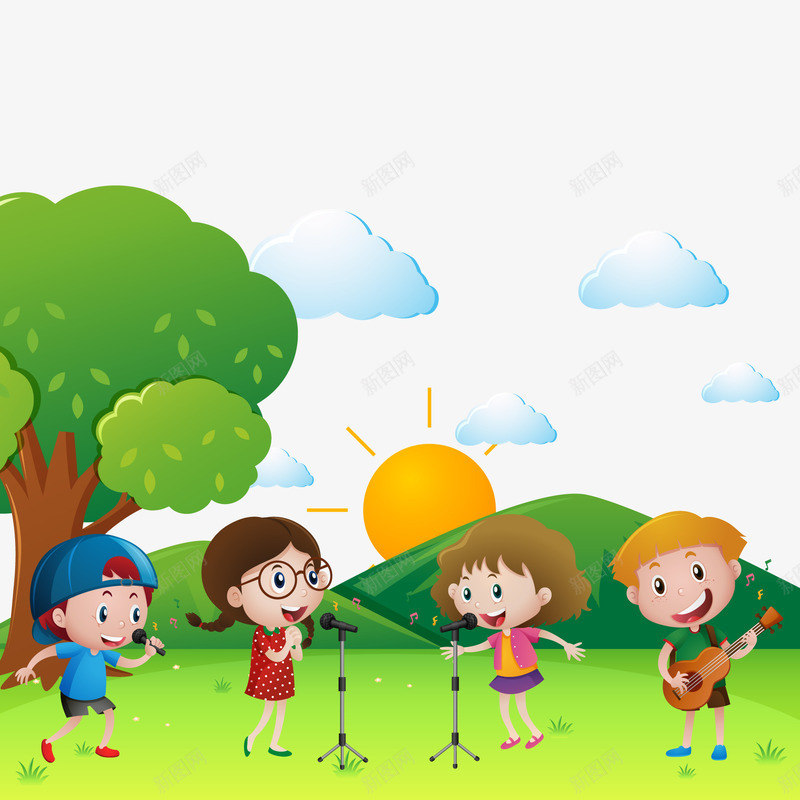 在草地上唱歌的孩子们矢量图ai免抠素材_新图网 https://ixintu.com 世界儿歌日 儿童人物 唱歌 森林 草地 郊外 矢量图