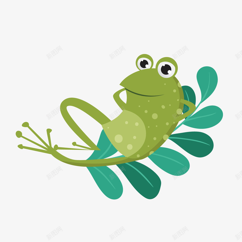 绿色可爱小青蛙卡通插画矢量图ai免抠素材_新图网 https://ixintu.com 仰卧 卡通插画 小青蛙 树叶 植物 纹理 绿色 矢量图