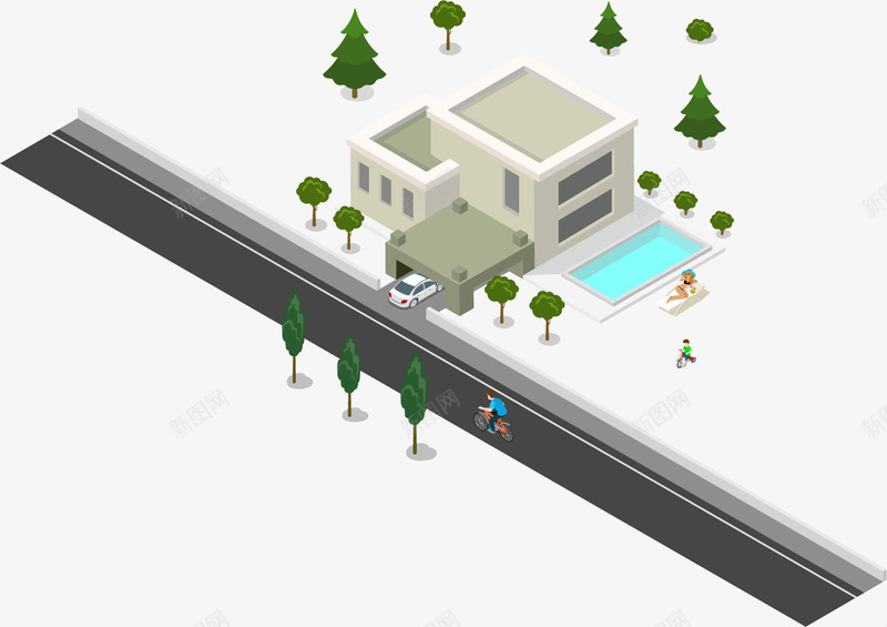 都市地产立体房屋模型矢量图ai免抠素材_新图网 https://ixintu.com 公路 建筑 树木 都市 矢量图