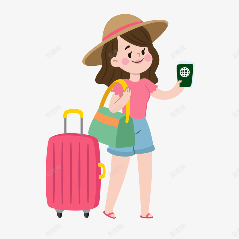 一个拖着旅行箱的女孩矢量图ai免抠素材_新图网 https://ixintu.com 女孩 护照 旅游 箱包 红色 草帽 行李箱 行箱 贴纸 矢量图