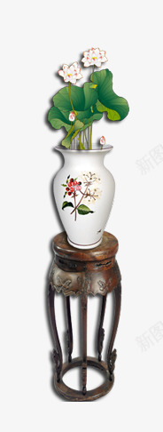 荷花盆栽png免抠素材_新图网 https://ixintu.com 卡通 手绘 架子 棕色 白色 绿色 花盆 荷叶 荷花