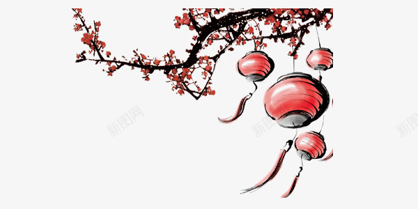 手绘水墨中国风梅花和灯笼装饰png免抠素材_新图网 https://ixintu.com 中国风 手绘 梅花 水墨 灯笼 装饰