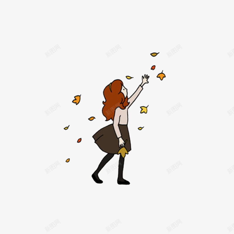 抬手想抓住落叶的女孩psd免抠素材_新图网 https://ixintu.com 卡通手绘 抬手想抓住落叶的女孩 树下的人
