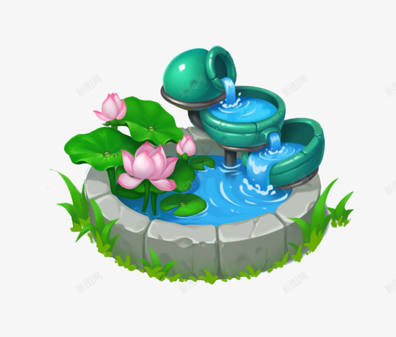 手绘png免抠素材_新图网 https://ixintu.com 井 手绘荷花 流水 草