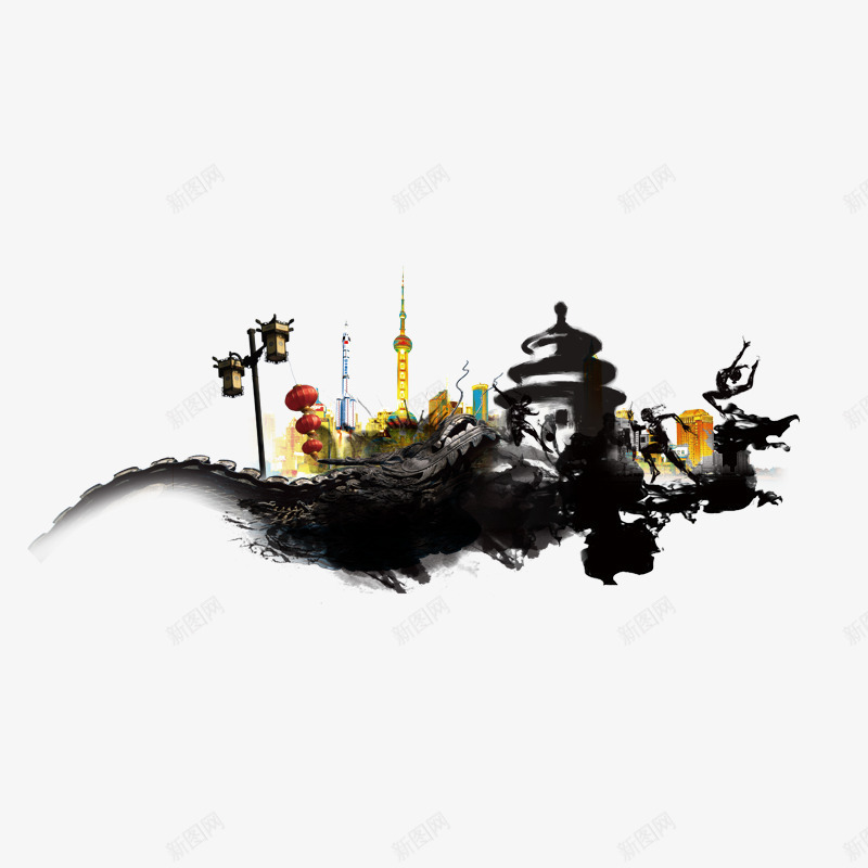 江南小镇水墨画psd免抠素材_新图网 https://ixintu.com 奔跑的人 小桥 房子 灯塔 灯笼 路灯 黑色水墨画