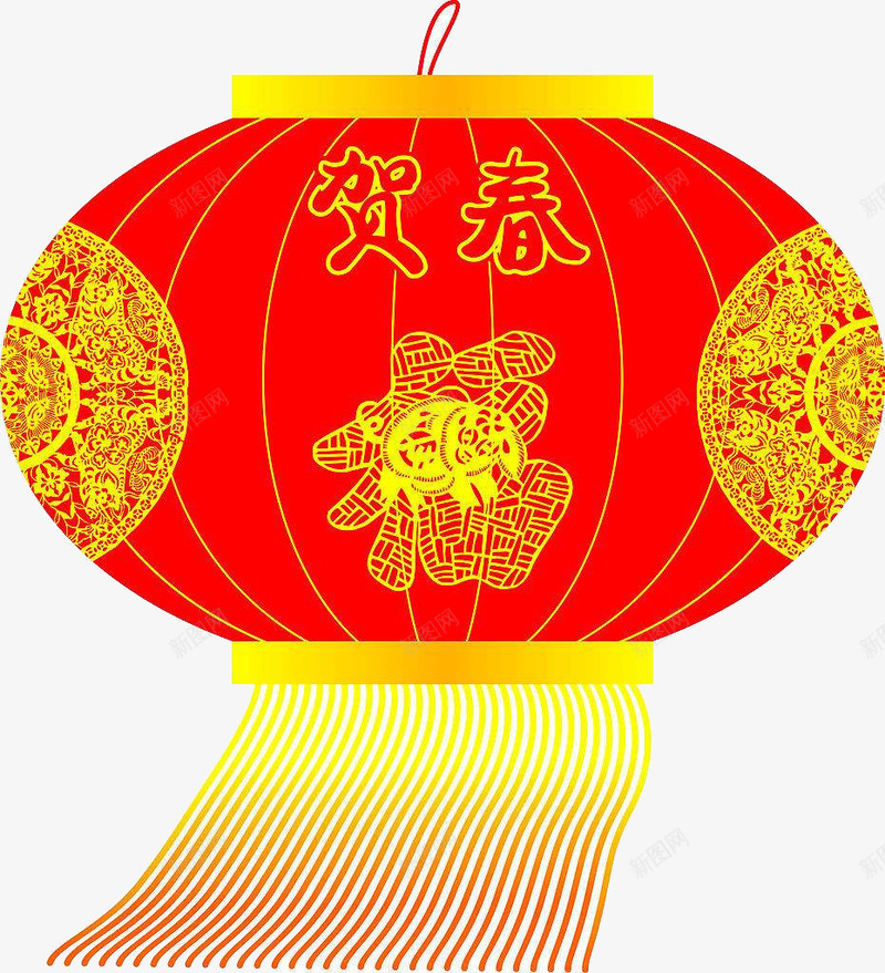 贺春字样的大红灯笼png免抠素材_新图网 https://ixintu.com 新年灯笼 漂浮 福字图案 穗子 简图 装饰 贺春字样