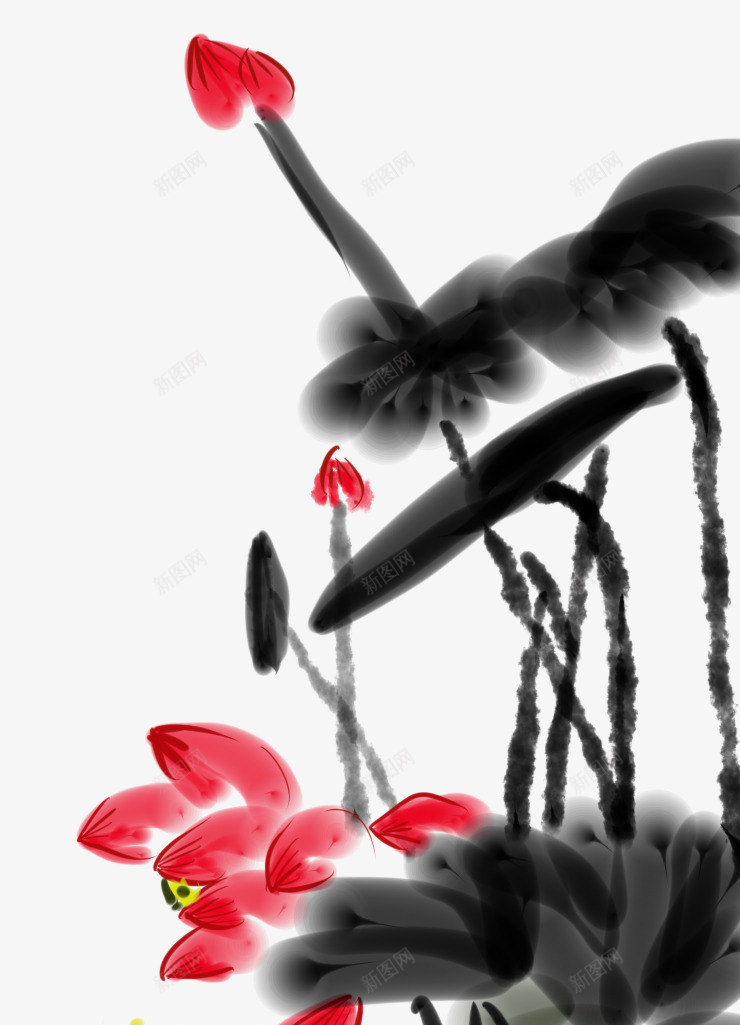 水墨中国风荷花荷叶与花骨朵png免抠素材_新图网 https://ixintu.com 中国画 中国风 墨荷 水墨 花骨朵 荷叶 荷花