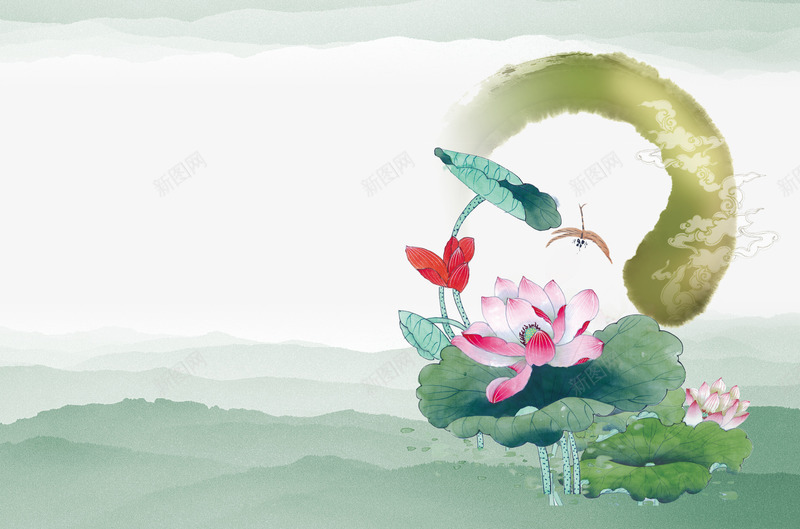水墨画荷花png免抠素材_新图网 https://ixintu.com 中国风 水墨画荷花 油彩 绿色 荷叶 荷花 蜻蜓